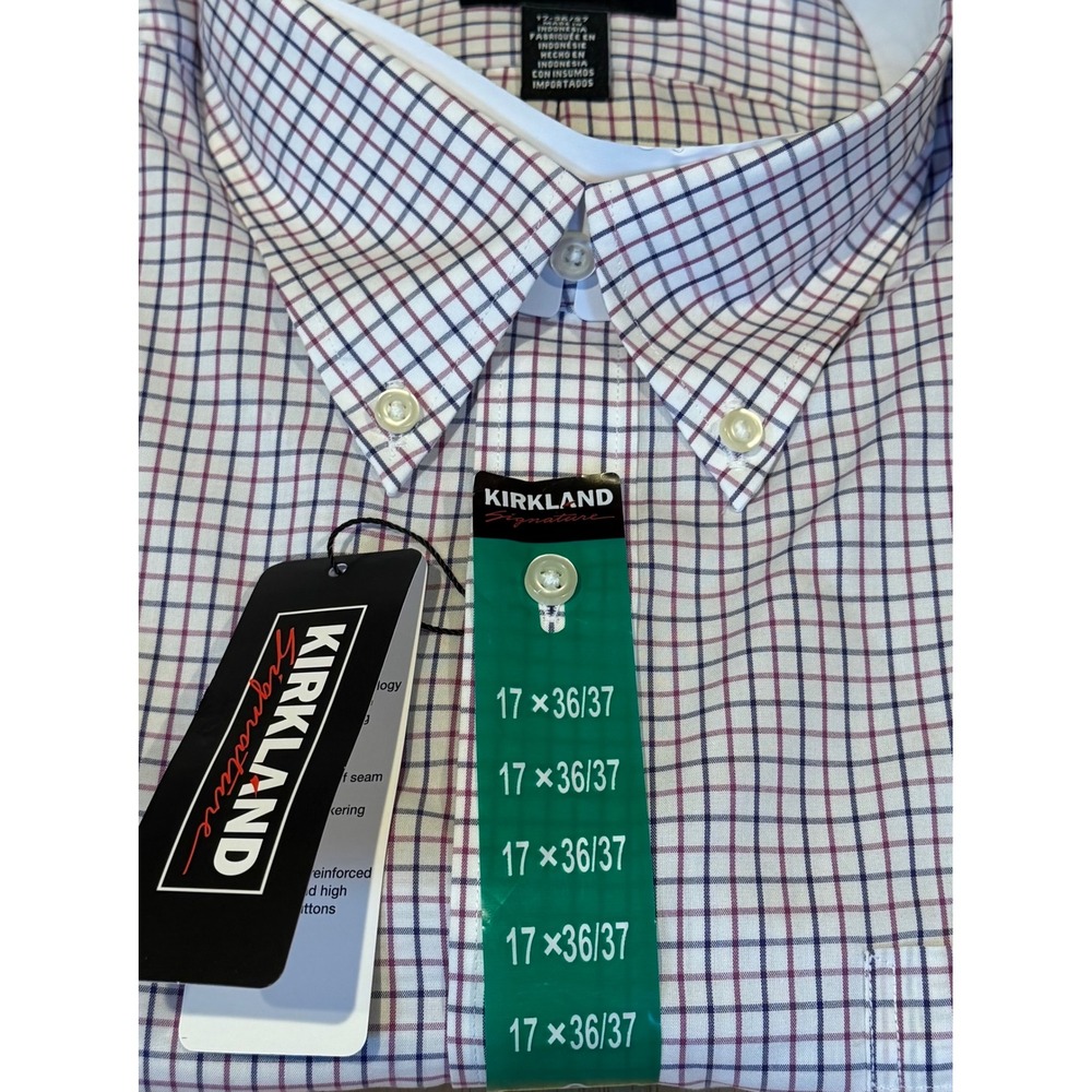 NWT Kirkland Signature Mens 17 36/37 Pima Cotton Non-Iron Dress Shirt Tattersall
